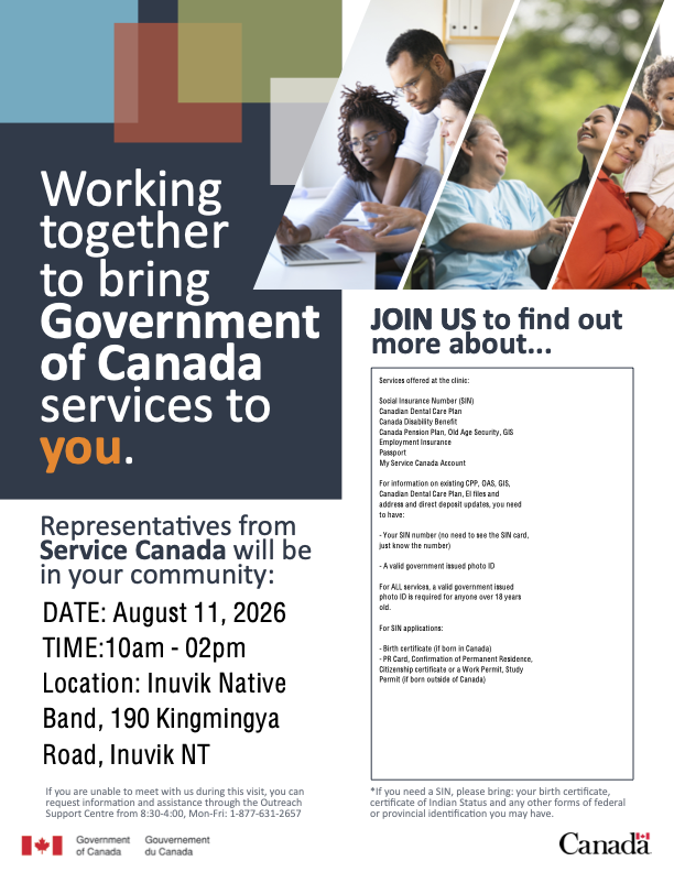 Service Canada community outreach poster for the August 11, 2026 visit to the Inuvik Native Band in Inuvik, Northwest Territories.